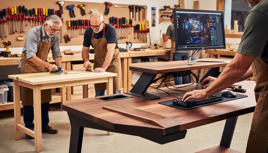 Furniture craftsman's hands working on custom wood piece in artisan workshop