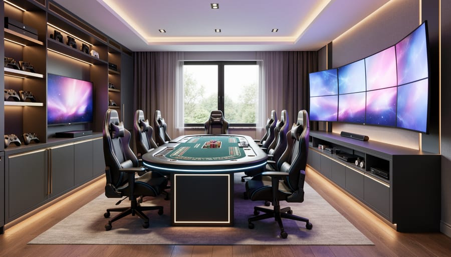 Complete home casino game room featuring handcrafted furniture and ambient lighting