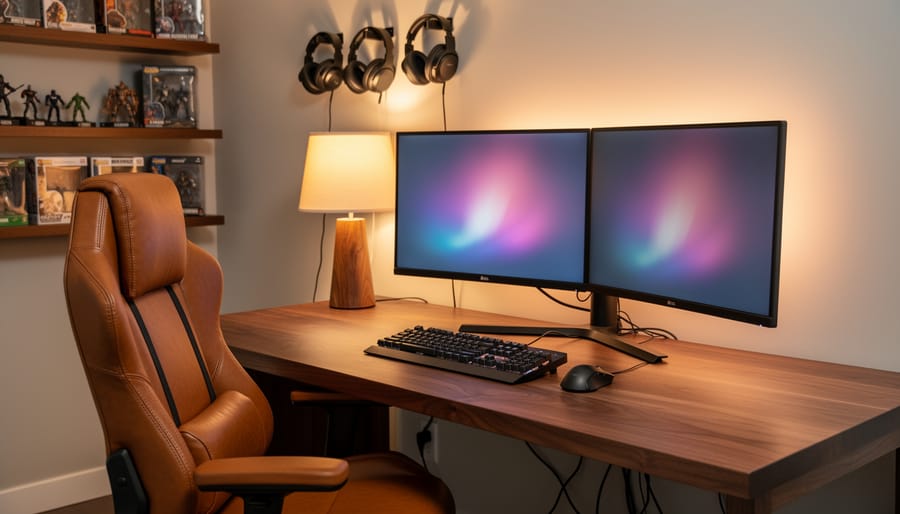 Custom gaming room with a handcrafted walnut desk, dual curved monitors, an ergonomic leather chair, and warm ambient lamp and LED lighting, with blurred shelving holding memorabilia and accessories in the background.