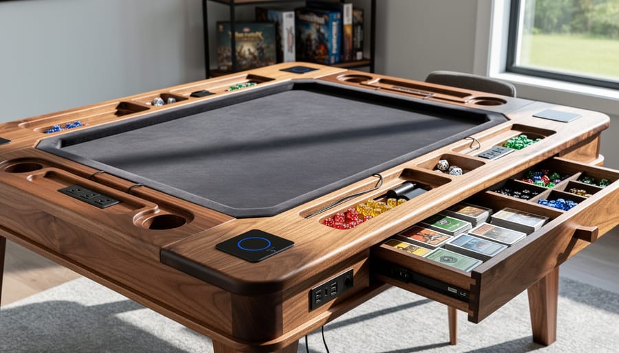 Handcrafted walnut gaming desk with built-in features in elegant home setting