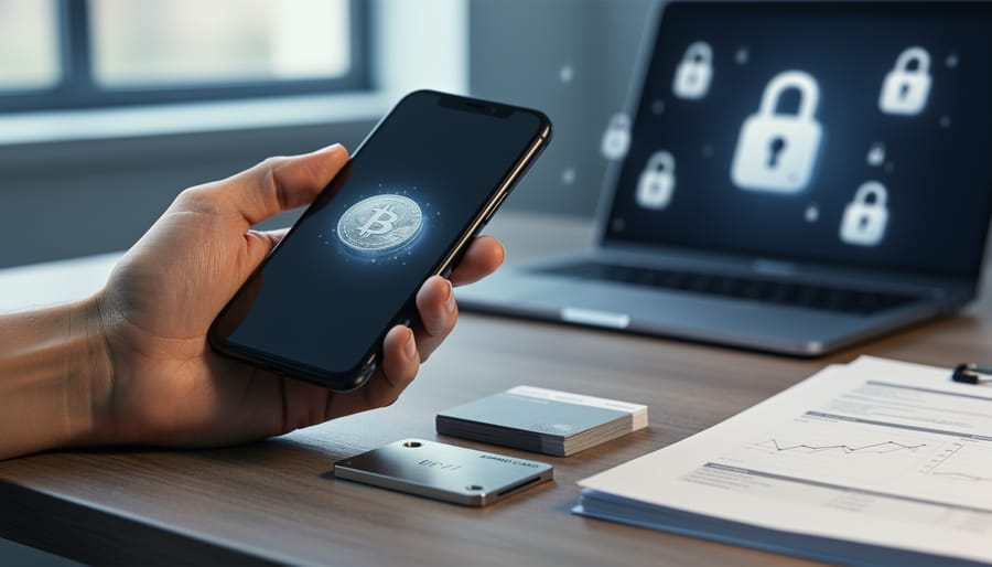“Person reviewing crypto withdrawal records and checking a smartphone before making a deposit.”