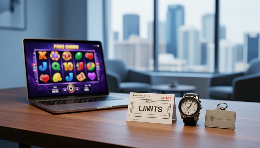 Close-up of responsible-gaming tools on a desk near a laptop, symbolizing deposit limits, session timing, and self-exclusion support in an online casino context.